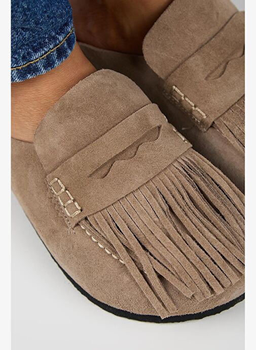 Manijero Madora Kadın Hakiki Deri Püsküllü Sabo Vizon Terlik - Görsel 5