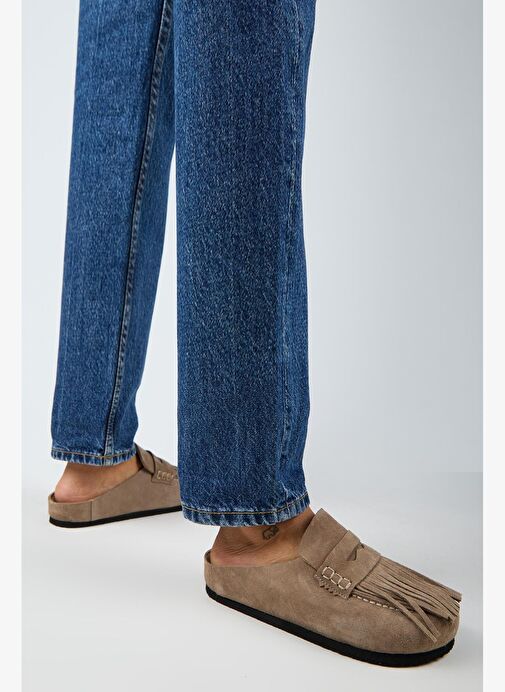 Manijero Madora Kadın Hakiki Deri Püsküllü Sabo Vizon Terlik - Görsel 6