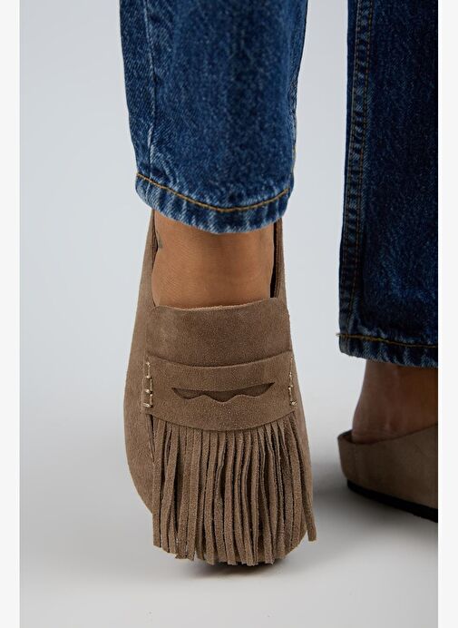 Manijero Madora Kadın Hakiki Deri Püsküllü Sabo Vizon Terlik - Görsel 7