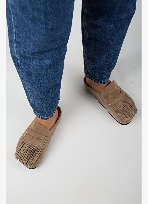 Manijero Madora Kadın Hakiki Deri Püsküllü Sabo Vizon Terlik - Görsel 8