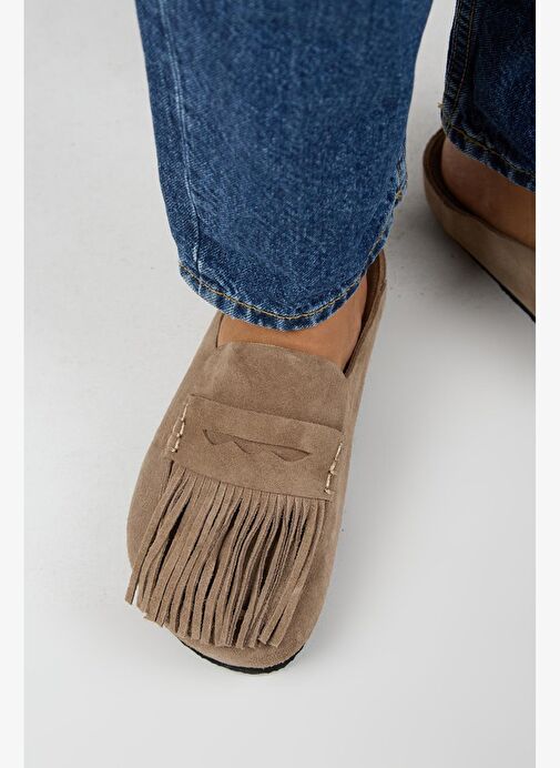 Manijero Madora Kadın Hakiki Deri Püsküllü Sabo Vizon Terlik - Görsel 9