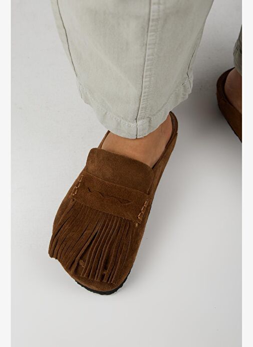 Manijero Madora Kadın Hakiki Deri Püsküllü Sabo Taba Terlik - Görsel 2