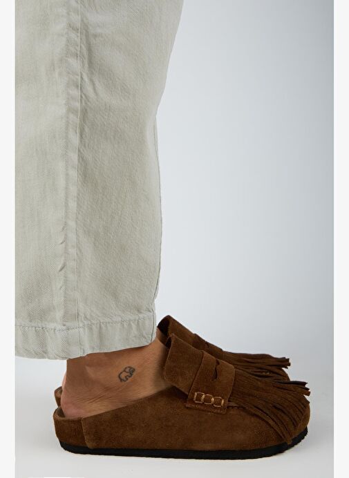 Manijero Madora Kadın Hakiki Deri Püsküllü Sabo Taba Terlik - Görsel 3