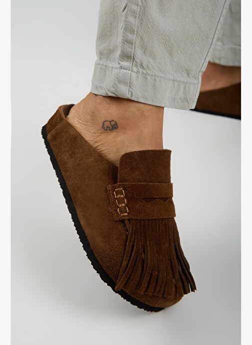 Manijero Madora Kadın Hakiki Deri Püsküllü Sabo Taba Terlik - Görsel 6