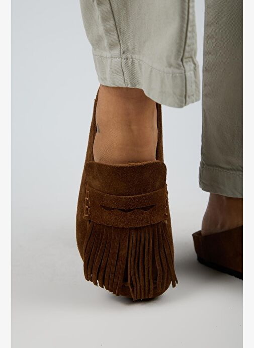 Manijero Madora Kadın Hakiki Deri Püsküllü Sabo Taba Terlik - Görsel 8