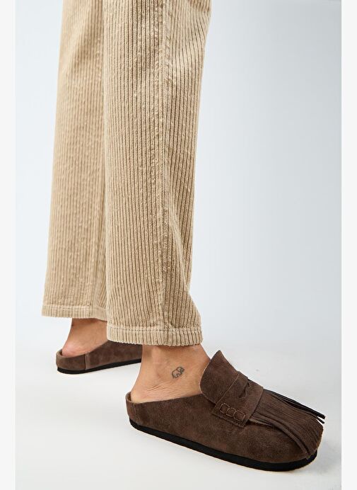 Manijero Madora Kadın Hakiki Deri Püsküllü Sabo Kahve Terlik - Görsel 2