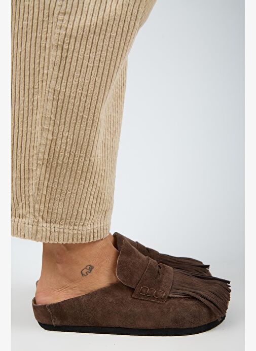 Manijero Madora Kadın Hakiki Deri Püsküllü Sabo Kahve Terlik - Görsel 3