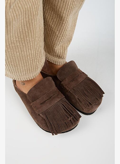 Manijero Madora Kadın Hakiki Deri Püsküllü Sabo Kahve Terlik - Görsel 4