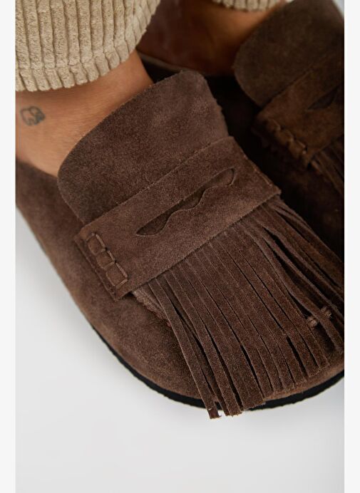 Manijero Madora Kadın Hakiki Deri Püsküllü Sabo Kahve Terlik - Görsel 5