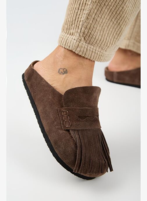 Manijero Madora Kadın Hakiki Deri Püsküllü Sabo Kahve Terlik - Görsel 6