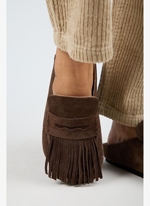 Manijero Madora Kadın Hakiki Deri Püsküllü Sabo Kahve Terlik - Görsel 7