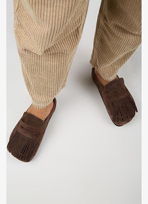 Manijero Madora Kadın Hakiki Deri Püsküllü Sabo Kahve Terlik - Görsel 8
