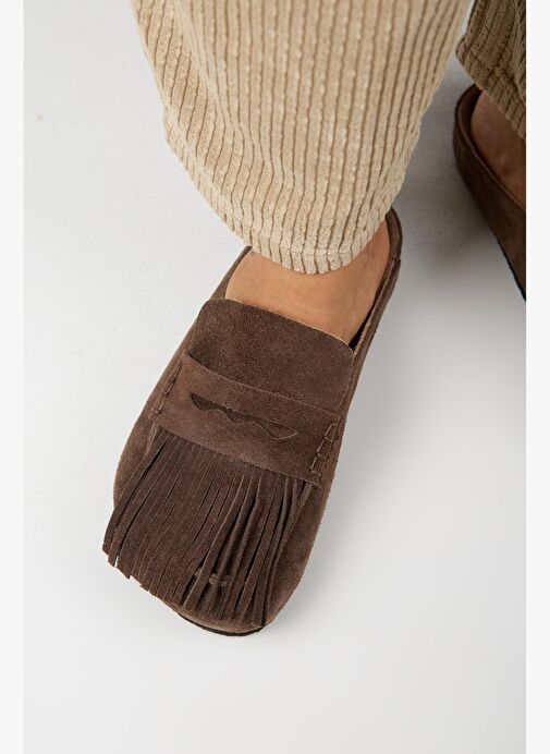 Manijero Madora Kadın Hakiki Deri Püsküllü Sabo Kahve Terlik - Görsel 9