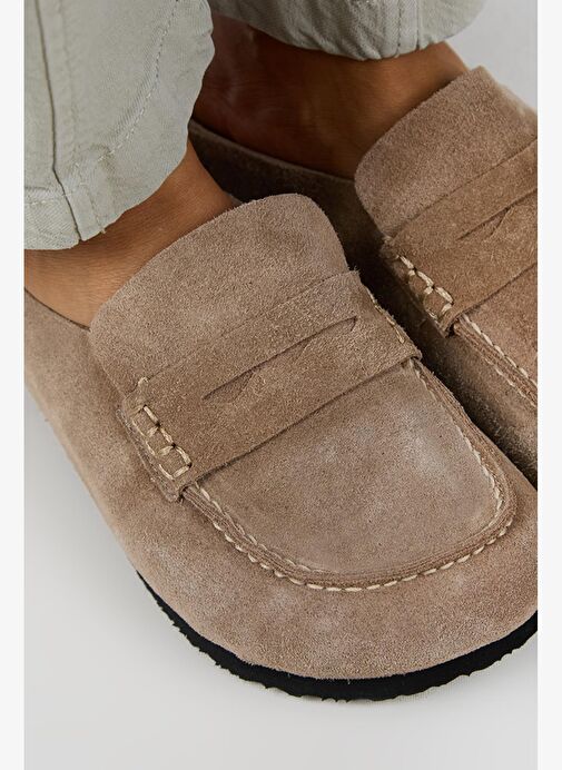 Manijero Ziva 2 Kadın Hakiki Deri Loafer Sabo Vizon Terlik - Görsel 4