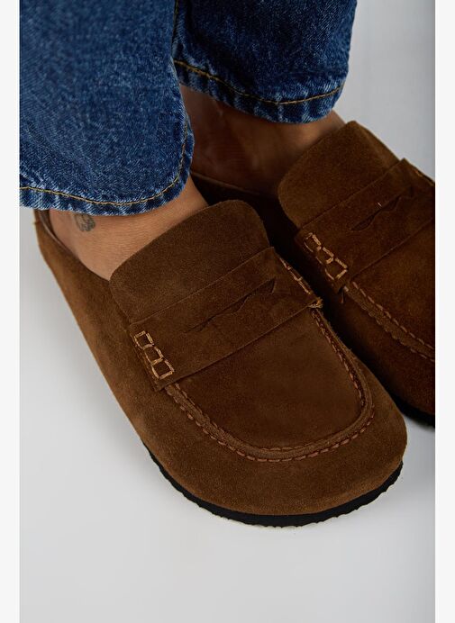 Manijero Ziva 2 Kadın Hakiki Deri Loafer Sabo Taba Terlik - Görsel 4