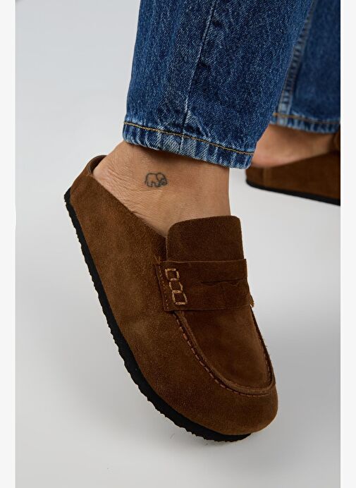 Manijero Ziva 2 Kadın Hakiki Deri Loafer Sabo Taba Terlik - Görsel 6