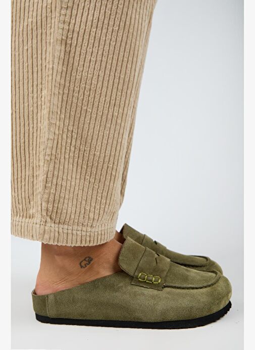 Manijero Ziva 2 Kadın Hakiki Deri Loafer Sabo Haki Terlik - Görsel 2