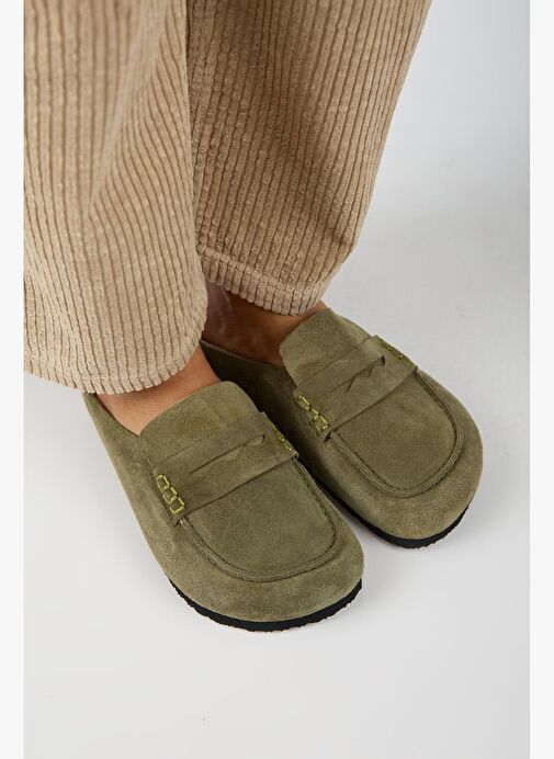 Manijero Ziva 2 Kadın Hakiki Deri Loafer Sabo Haki Terlik - Görsel 3