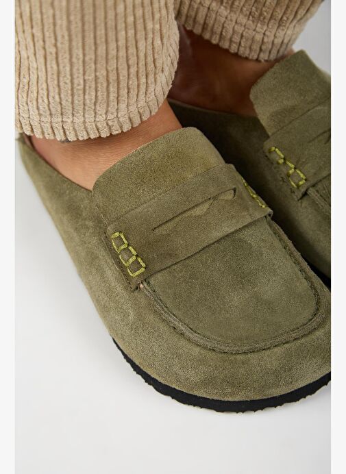 Manijero Ziva 2 Kadın Hakiki Deri Loafer Sabo Haki Terlik - Görsel 4