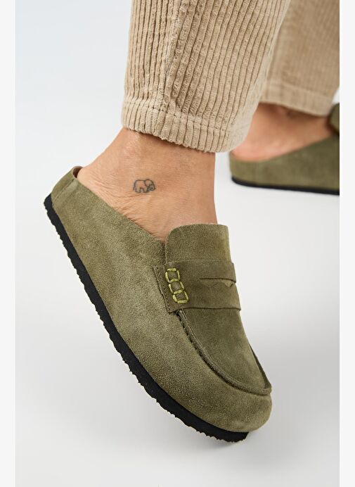 Manijero Ziva 2 Kadın Hakiki Deri Loafer Sabo Haki Terlik - Görsel 5