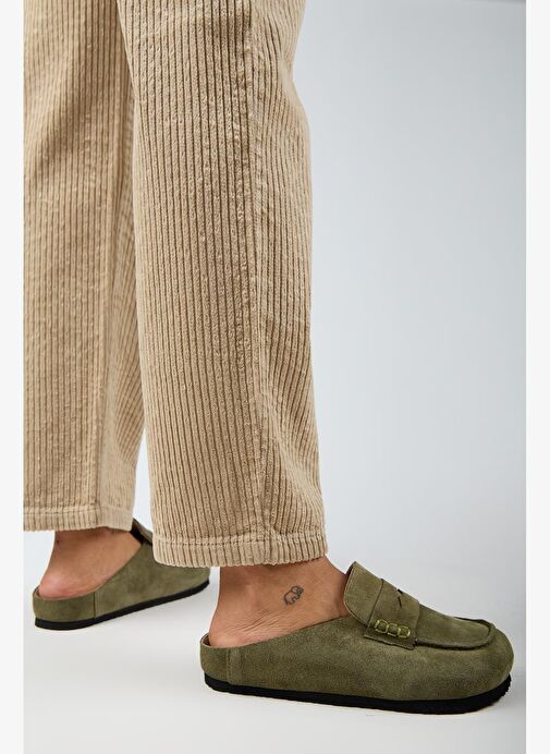 Manijero Ziva 2 Kadın Hakiki Deri Loafer Sabo Haki Terlik - Görsel 6