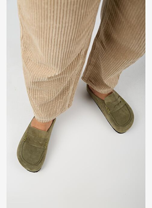 Manijero Ziva 2 Kadın Hakiki Deri Loafer Sabo Haki Terlik - Görsel 7