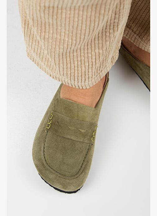 Manijero Ziva 2 Kadın Hakiki Deri Loafer Sabo Haki Terlik - Görsel 8