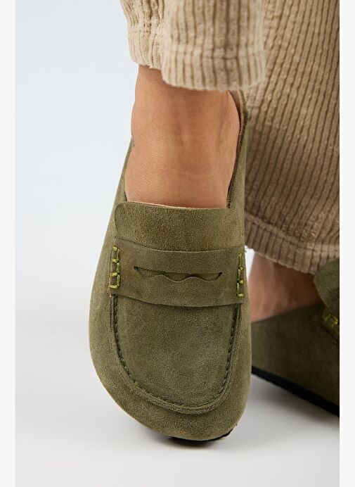 Manijero Ziva 2 Kadın Hakiki Deri Loafer Sabo Haki Terlik - Görsel 9