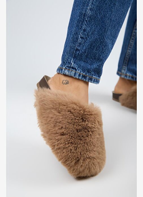 Manijero Gaye Kadın Peluş Düz Vizon Terlik - Görsel 5