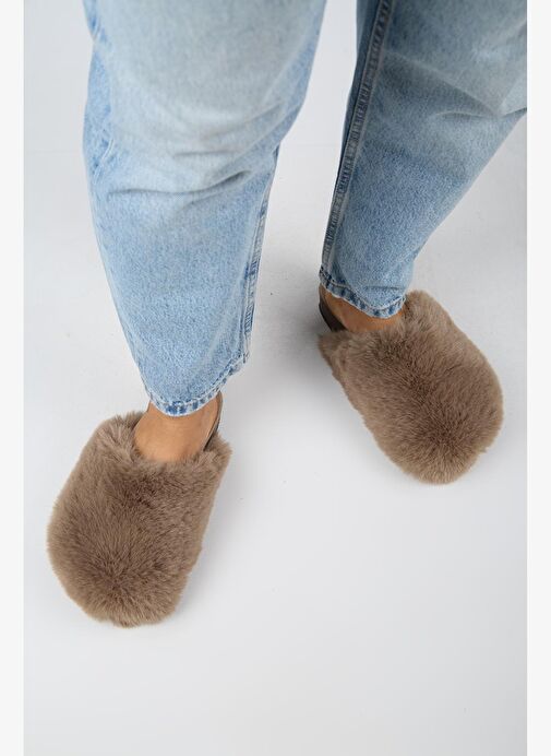 Manijero Gaye Kadın Peluş Düz Koyu Vizon Terlik - Görsel 8