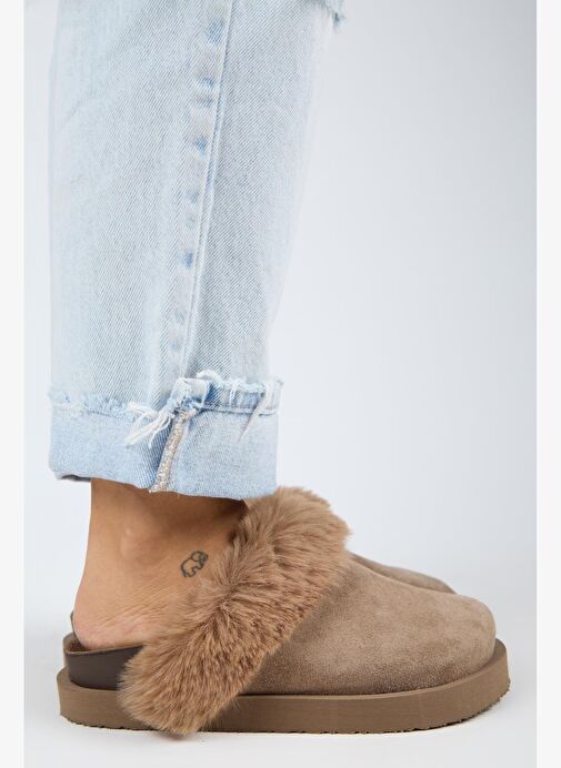 Manijero Ruzqahi Kürklü Kadın Deri Hakiki Deri Düz Platform Sabo Vizon Terlik - Görsel 2