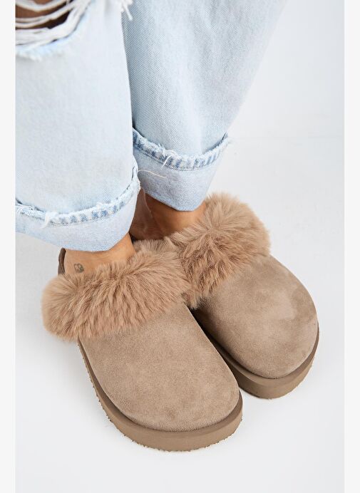 Manijero Ruzqahi Kürklü Kadın Deri Hakiki Deri Düz Platform Sabo Vizon Terlik - Görsel 3