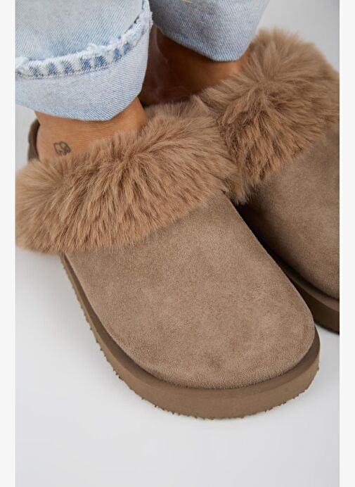 Manijero Ruzqahi Kürklü Kadın Deri Hakiki Deri Düz Platform Sabo Vizon Terlik - Görsel 4