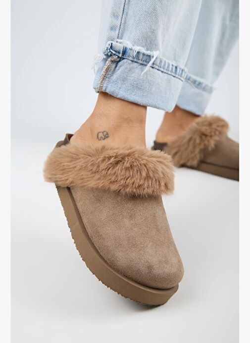 Manijero Ruzqahi Kürklü Kadın Deri Hakiki Deri Düz Platform Sabo Vizon Terlik - Görsel 5