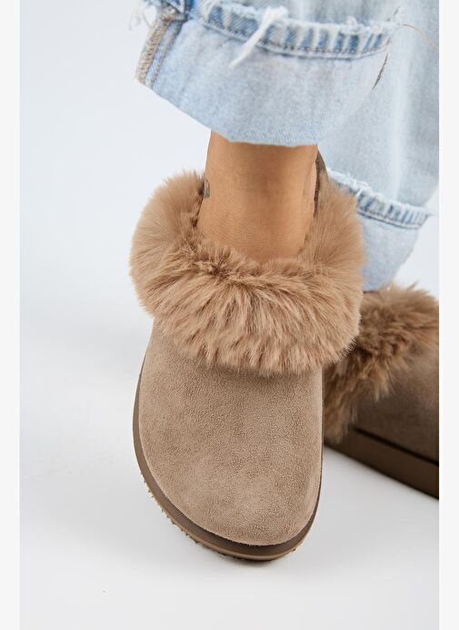 Manijero Ruzqahi Kürklü Kadın Deri Hakiki Deri Düz Platform Sabo Vizon Terlik - Görsel 6