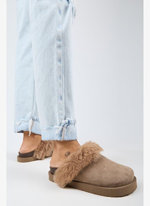 Manijero Ruzqahi Kürklü Kadın Deri Hakiki Deri Düz Platform Sabo Vizon Terlik - Görsel 7