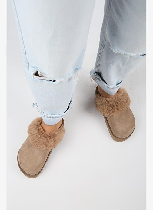 Manijero Ruzqahi Kürklü Kadın Deri Hakiki Deri Düz Platform Sabo Vizon Terlik - Görsel 8