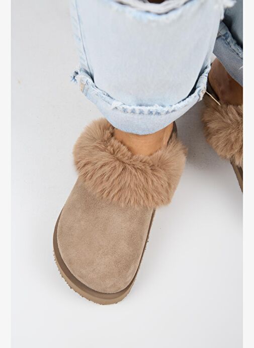 Manijero Ruzqahi Kürklü Kadın Deri Hakiki Deri Düz Platform Sabo Vizon Terlik - Görsel 9