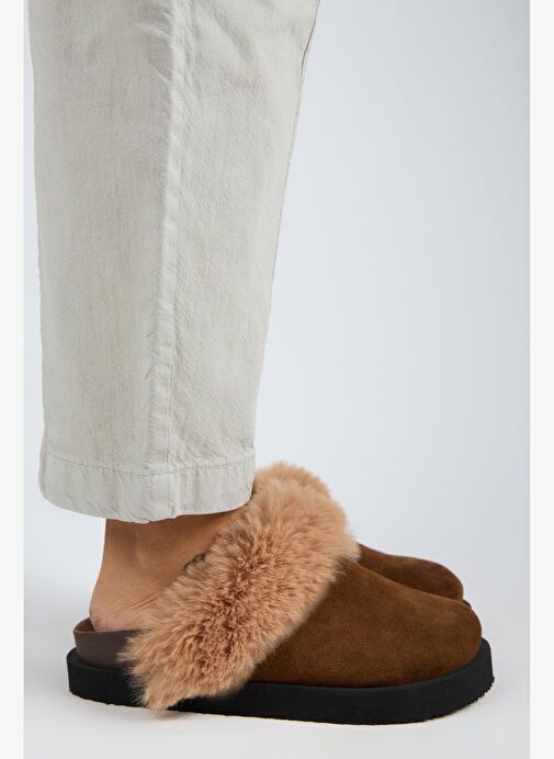 Manijero Ruzqahi Kürklü Kadın Deri Hakiki Deri Düz Platform Sabo Taba Terlik - Görsel 2