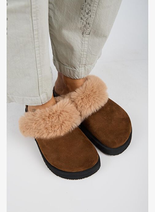 Manijero Ruzqahi Kürklü Kadın Deri Hakiki Deri Düz Platform Sabo Taba Terlik - Görsel 3
