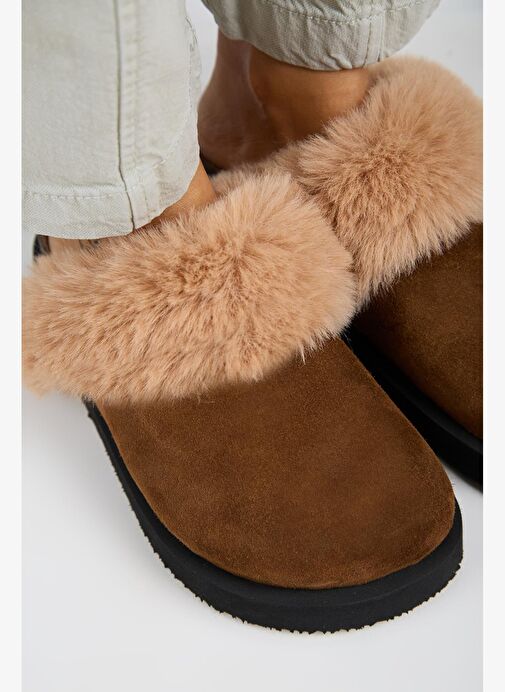 Manijero Ruzqahi Kürklü Kadın Deri Hakiki Deri Düz Platform Sabo Taba Terlik - Görsel 4