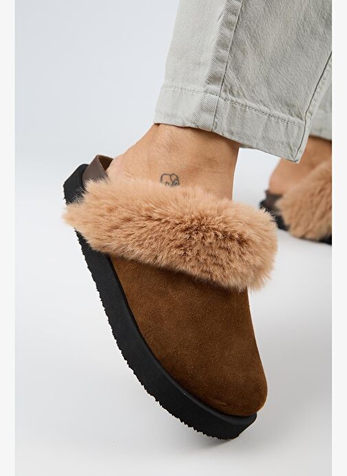 Manijero Ruzqahi Kürklü Kadın Deri Hakiki Deri Düz Platform Sabo Taba Terlik - Görsel 5