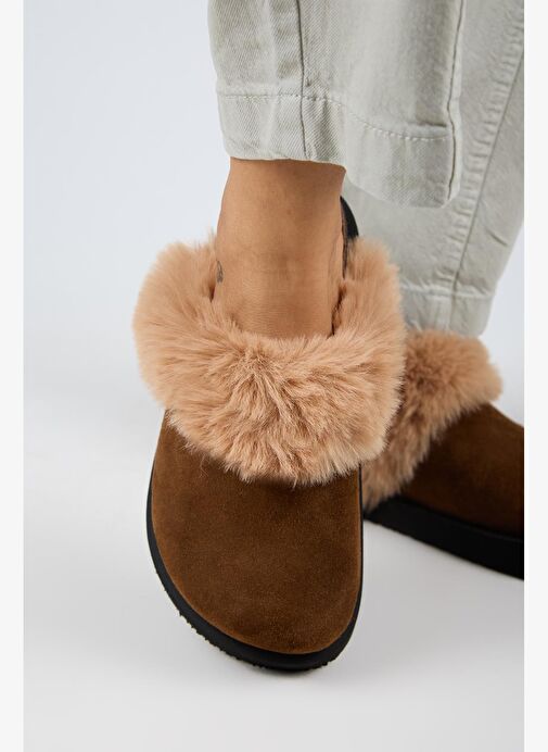 Manijero Ruzqahi Kürklü Kadın Deri Hakiki Deri Düz Platform Sabo Taba Terlik - Görsel 6