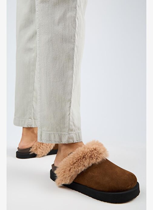 Manijero Ruzqahi Kürklü Kadın Deri Hakiki Deri Düz Platform Sabo Taba Terlik - Görsel 7