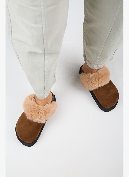 Manijero Ruzqahi Kürklü Kadın Deri Hakiki Deri Düz Platform Sabo Taba Terlik - Görsel 8