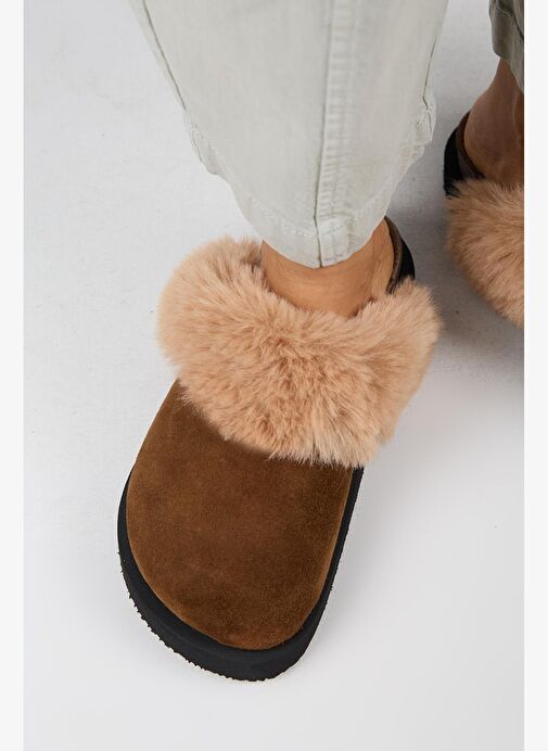 Manijero Ruzqahi Kürklü Kadın Deri Hakiki Deri Düz Platform Sabo Taba Terlik - Görsel 9