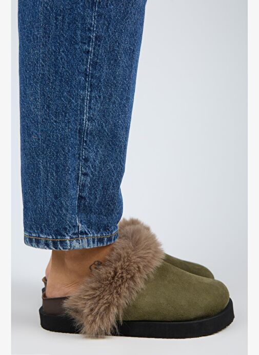 Manijero Ruzqahi Kürklü Kadın Deri Hakiki Deri Düz Platform Sabo Haki Terlik - Görsel 2