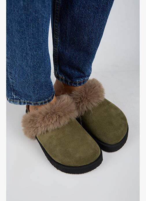 Manijero Ruzqahi Kürklü Kadın Deri Hakiki Deri Düz Platform Sabo Haki Terlik - Görsel 3