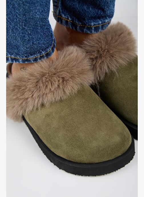 Manijero Ruzqahi Kürklü Kadın Deri Hakiki Deri Düz Platform Sabo Haki Terlik - Görsel 4