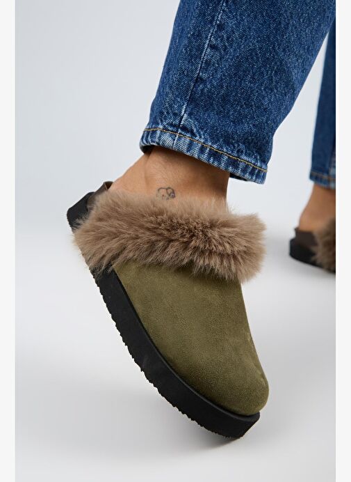 Manijero Ruzqahi Kürklü Kadın Deri Hakiki Deri Düz Platform Sabo Haki Terlik - Görsel 5